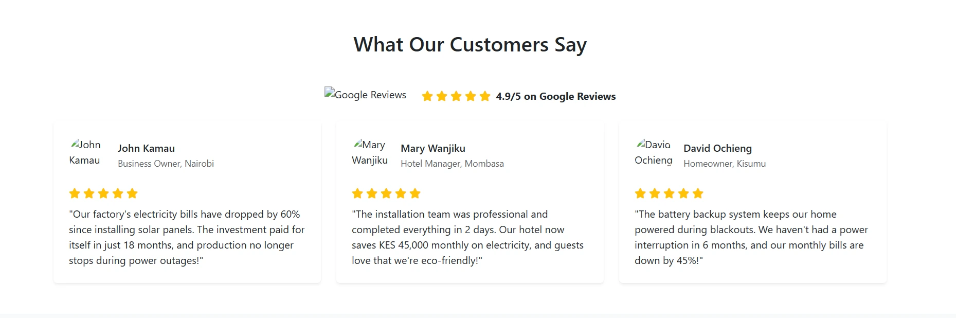 testimonials section of high conversion rate landing page Kenya